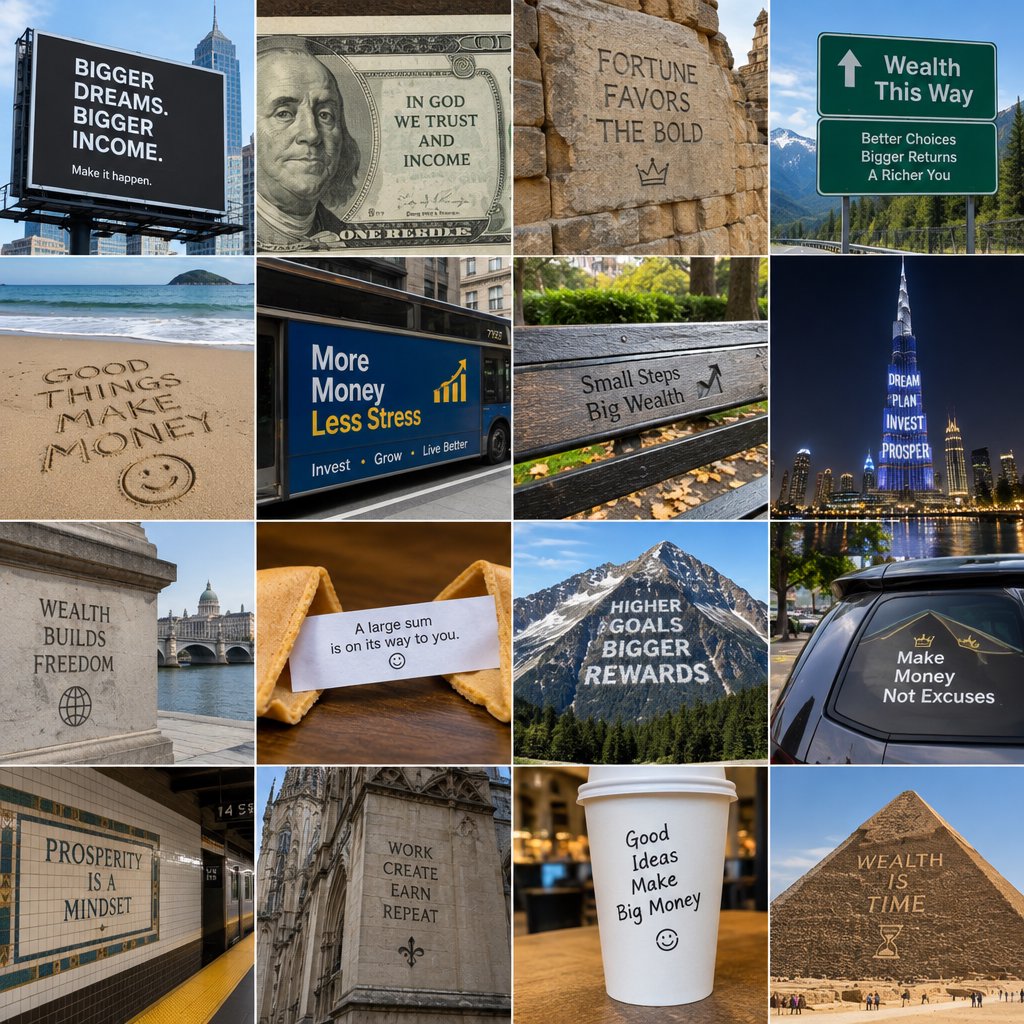 Messages and words related to making a ton of money, hidden in plain sight around the world. — GPT Image 2.5 Flare