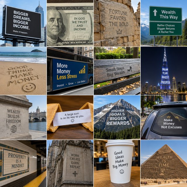 Messages and words related to making a ton of money, hidden in plain sight around the world. — GPT Image 2.5 Flare