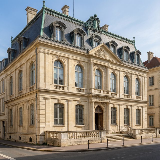 Exterior of a French Second Empire town hall with pale limestone, a dark mansard roof, copper cresting, and tall arched windows; clear spring light falls across the entrance terrace, viewed from the quiet street corner, precise lines and believable construction. — Qwen Image 3.0 Pro
