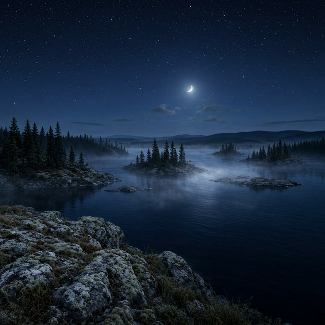 An expansive boreal lake beneath a clear, cold midnight sky, pale moonlight catching thin mist above dark water; spruce-covered islands recede toward distant ridges, while lichen and cracked granite sharpen the near shoreline. — Grok Imagine Image 2
