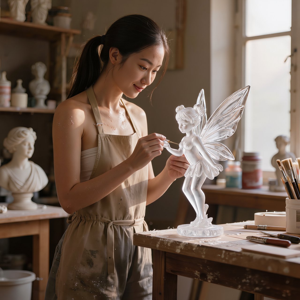 A pulchritudinous, gorgeous, exotic East Asian beauty, aged 24, inside an atelier, wearing a loose workshop apron, a tube top, and hot pants. Sweating profusely, she remains concentrated. She has a focused posture and expression as she looks at the crystalline object in the foreground that she is sculpting into a small, detailed fairy with high precision and clarity. Three-quarter-body mid-shot, Dutch angle. — Kling v3