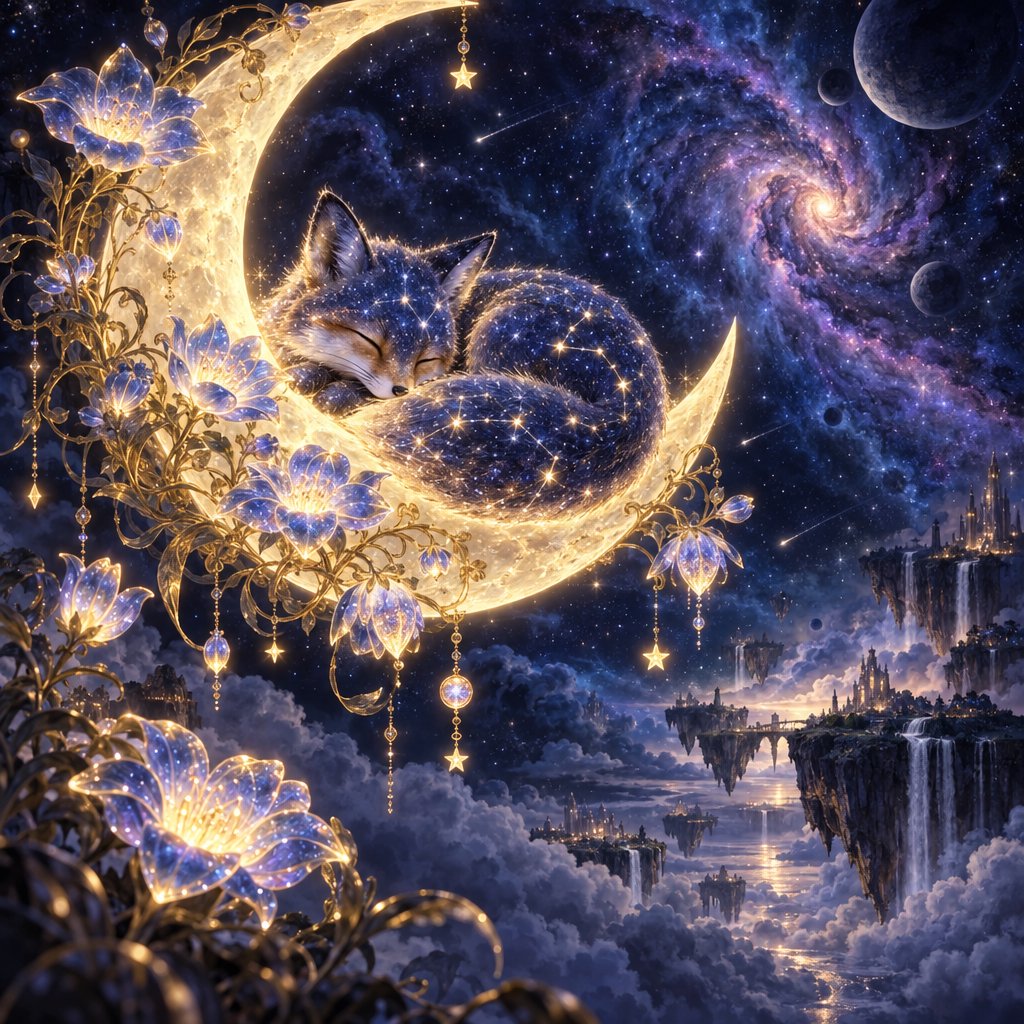 A miniature, intricately detailed fox crafted from living constellations, curled asleep atop a crescent moon. Surrounding it are delicate, bioluminescent flowers that pulse with gentle light, casting intricate shadows. The background is a deep indigo sky filled with swirling nebulae and distant, twinkling stars. The overall aesthetic is dreamlike and whimsical, with a painterly finish and a touch of cosmic wonder. — GPT Image 2.5 Sunburst