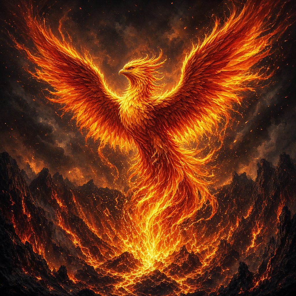 A majestic phoenix rising from a cascade of molten gold and shimmering embers against a backdrop of a dark, volcanic caldera. Its feathers are ablaze with brilliant oranges, reds, and fiery yellows. The air around it crackles with heat and energy. Style: Epic fantasy art with dynamic composition and vibrant color contrast — Grok Imagine Image 2