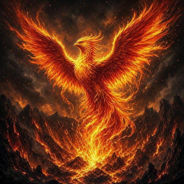 A majestic phoenix rising from a cascade of molten gold and shimmering embers against a backdrop of a dark, volcanic caldera. Its feathers are ablaze with brilliant oranges, reds, and fiery yellows. The air around it crackles with heat and energy. Style: Epic fantasy art with dynamic composition and vibrant color contrast — Grok Imagine Image 2