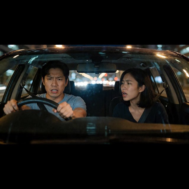 Frontal cinematic shot through the windshield of a car driving at night. A 35-year-old Chinese man is in the driver’s seat, gripping the steering wheel and arguing back in visible frustration. Beside him, a 30-year-old Chinese woman in the front passenger seat is nagging him animatedly, gesturing as she speaks. Both are clearly engaged in a tense argument. Nighttime city lights and passing streetlights glow outside, with reflections across the windshield and realistic interior lighting. — Krea 2 Medium