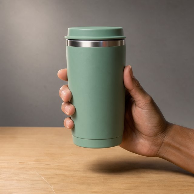An adult hand lifts an unbranded insulated travel mug, its matte sea-glass polymer body and brushed-steel rim catching softbox highlights above a pale oak counter; warm gray studio backdrop, broad diffused key and cool edge light, no face or lettering. — FLUX 3 Image Klein