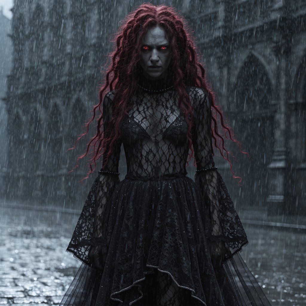 Fishnet grimdark fantasy. A suitable-for-TV-PG adult underworld agent with long crimson-red dreadlocked hair with flowing locks, ruby-red crystalline eyes, real skin pores, photographic rendering, and real material textures. No text. — Recraft v4