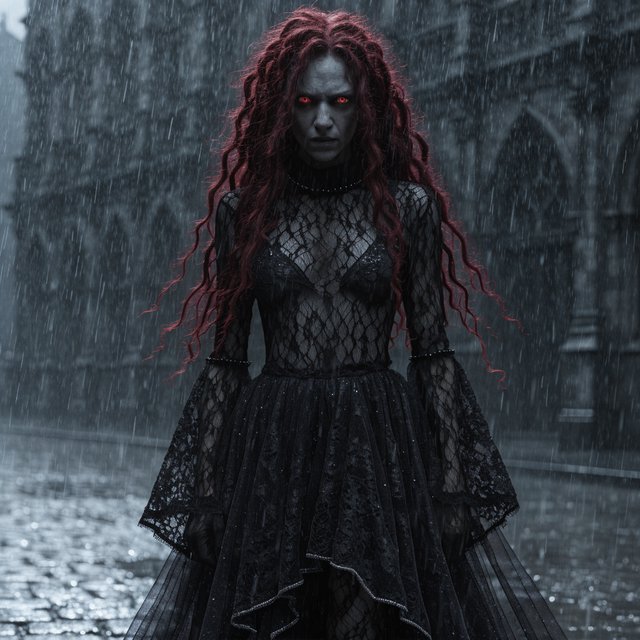 Fishnet grimdark fantasy. A suitable-for-TV-PG adult underworld agent with long crimson-red dreadlocked hair with flowing locks, ruby-red crystalline eyes, real skin pores, photographic rendering, and real material textures. No text. — Recraft v4