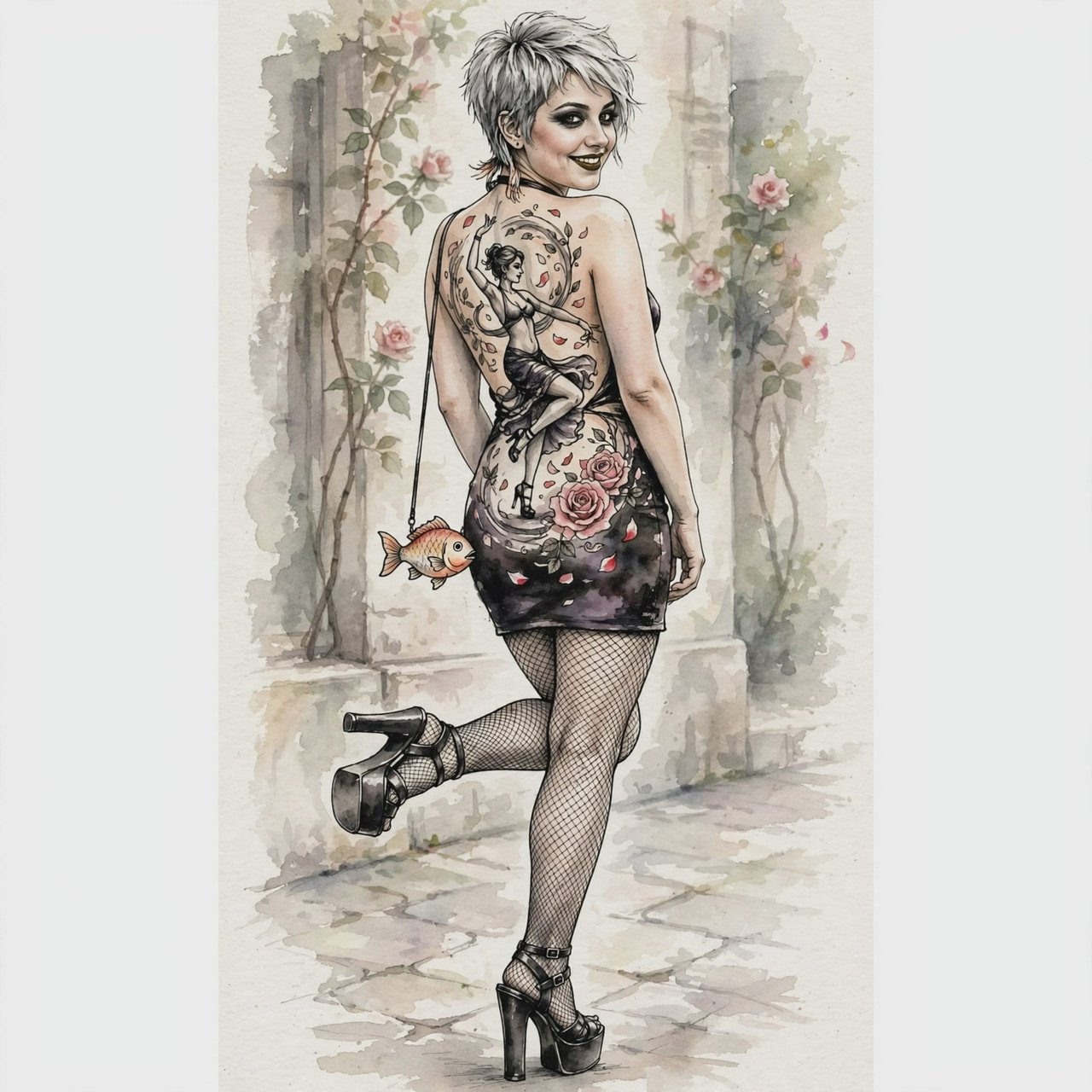 A realistic India ink illustration with crisp black lines depicting a realistic scene, anatomy, and proportions. The ink lines are colored with watercolors, while the black lines remain visible. Full-length composition. A 25-year-old woman named Mandy has a round face and short, trendy hair dyed grayish white. She wears a short, tight halter-top dress with a backless design, fishnet stockings, and high platform heels. She carries a tiny fish-shaped purse over one shoulder. She has smoky eyes and dark brown lipstick. Her entire back is covered with a huge tattoo of a dancing adult woman surrounded by a swirl of roses and rose petals. She poses for a picture in rear view, standing on one foot with the other foot raised and knee bent. She looks at us over one shoulder, making eye contact with the camera and smiling. — Muse Image 1.0