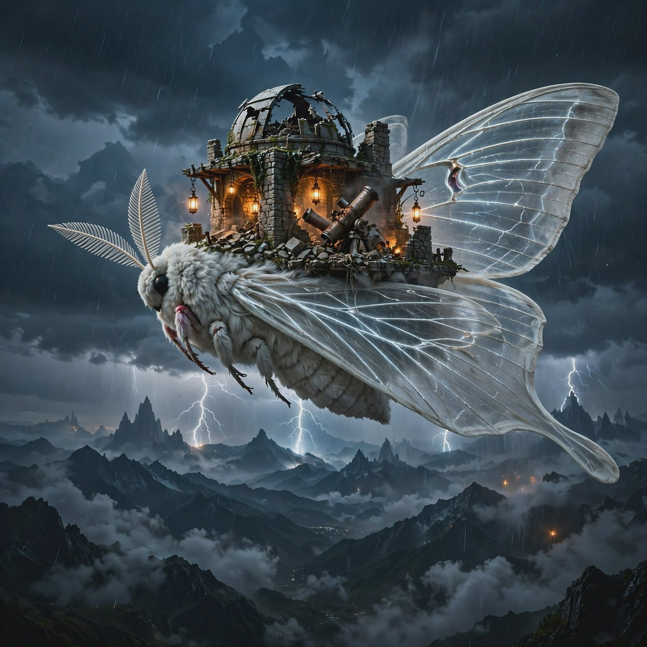 A colossal moon-moth creature glides above a stormy mountain range, its translucent wings glowing with silver veins and carrying a ruined observatory on its back. Lightning silhouettes distant peaks while amber lanterns shimmer through rain and cloud. — Muse Image 1.0