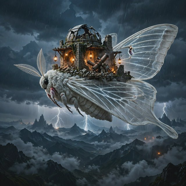 A colossal moon-moth creature glides above a stormy mountain range, its translucent wings glowing with silver veins and carrying a ruined observatory on its back. Lightning silhouettes distant peaks while amber lanterns shimmer through rain and cloud. — Muse Image 1.0