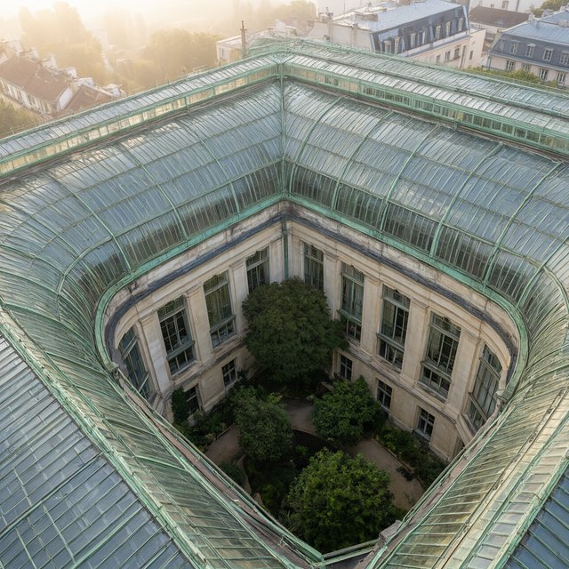 From a nearby rooftop, an Art Nouveau conservatory curves around a planted courtyard, its green copper ribs, clear glass, and pale stone base catching hazy morning light; orderly rooflines and believable supports show from above. — Qwen Image 3.0 Pro