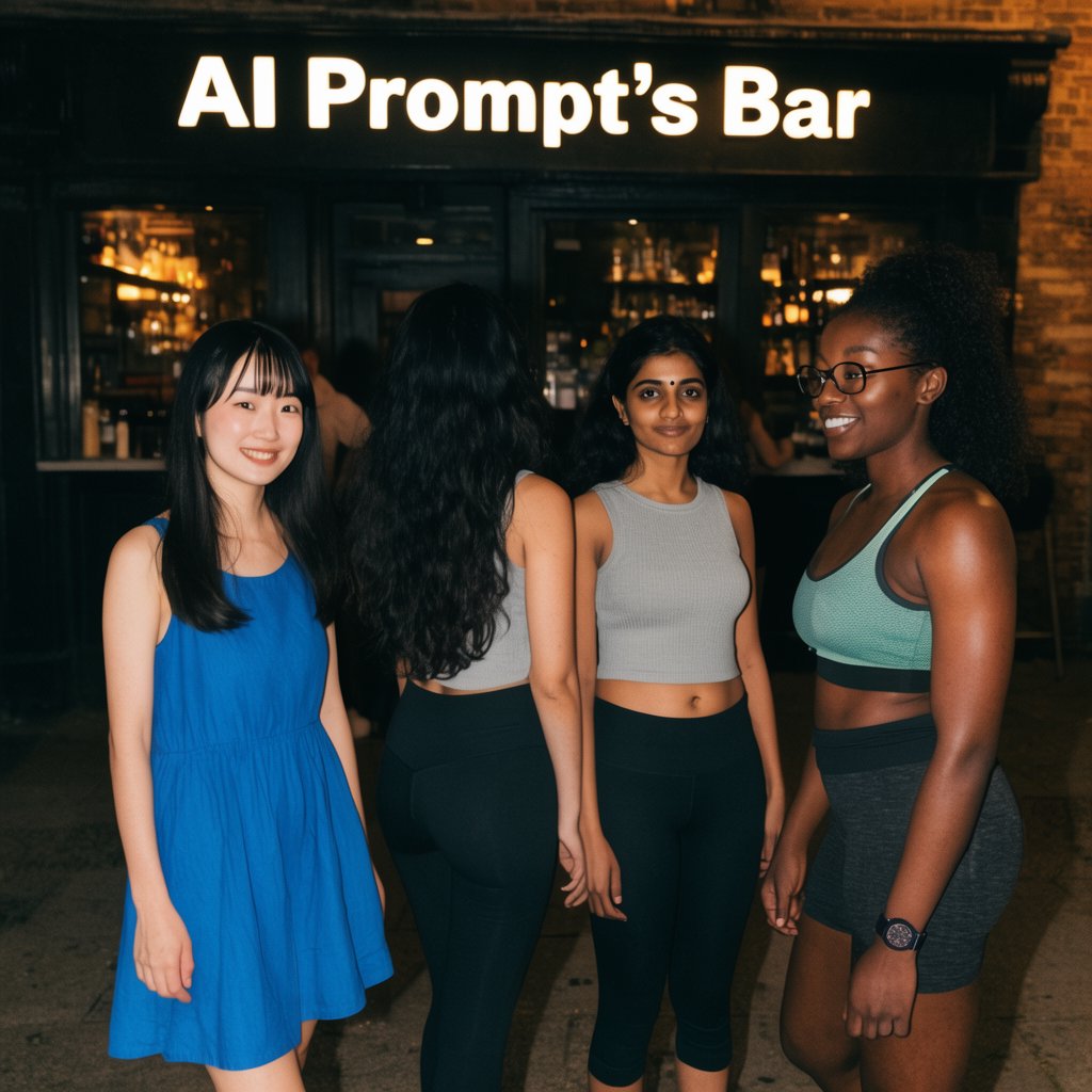 Photorealistic image, late at night. The image shows a pretty 21-year-old Japanese woman wearing a blue dress that fits her body. Next to her is a pretty 24-year-old Indian woman wearing a crop top and leggings that fit her. Another is a pretty Black woman, age 23–27, wearing gym wear and glasses. They are having a group photo in front of a bar called “AI Prompt’s Bar.” The image shows full front, back, and side views of the women. Vibe: busy friends who finally made time to hang out. — Krea 2 Large