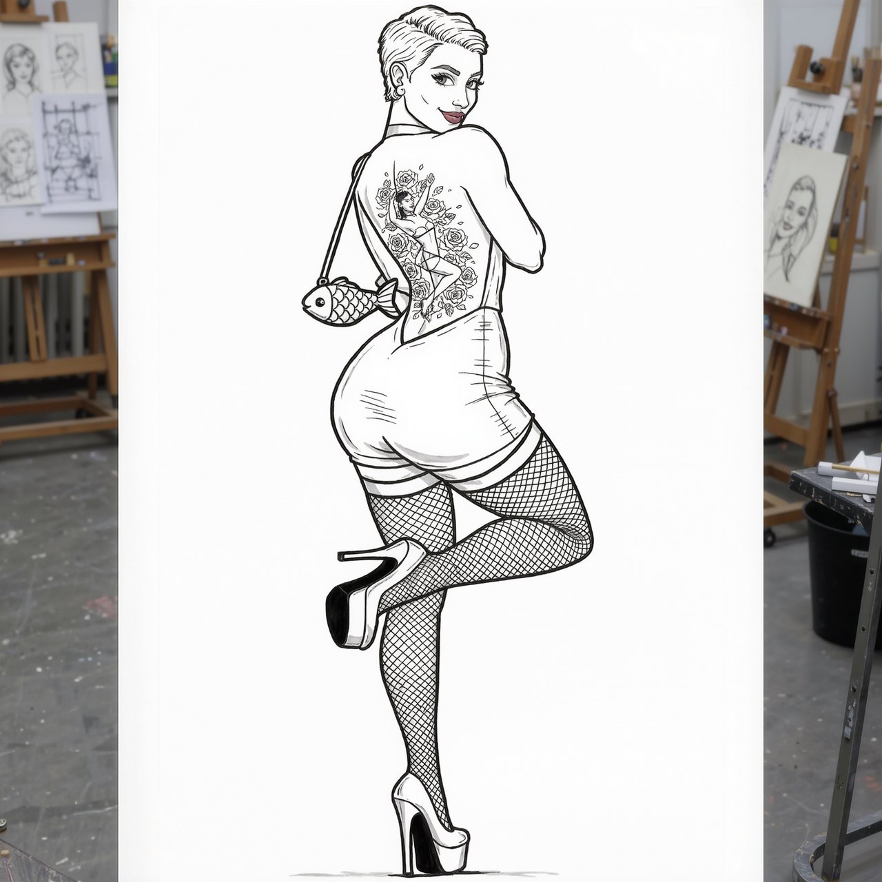 A realistic India ink illustration with crisp black lines depicting a realistic scene, anatomy, and proportions. The ink lines are colored with watercolors, while the black lines remain visible. Full-length composition. A 25-year-old woman named Mandy has a round face and short, trendy hair dyed grayish white. She wears a short, tight halter-top dress with a backless design, fishnet stockings, and high platform heels. She carries a tiny fish-shaped purse over one shoulder. She has smoky eyes and dark brown lipstick. Her entire back is covered with a huge tattoo of a dancing adult woman surrounded by a swirl of roses and rose petals. She poses for a picture in rear view, standing on one foot with the other foot raised and knee bent. She looks at us over one shoulder, making eye contact with the camera and smiling. — Kling v3 Omni