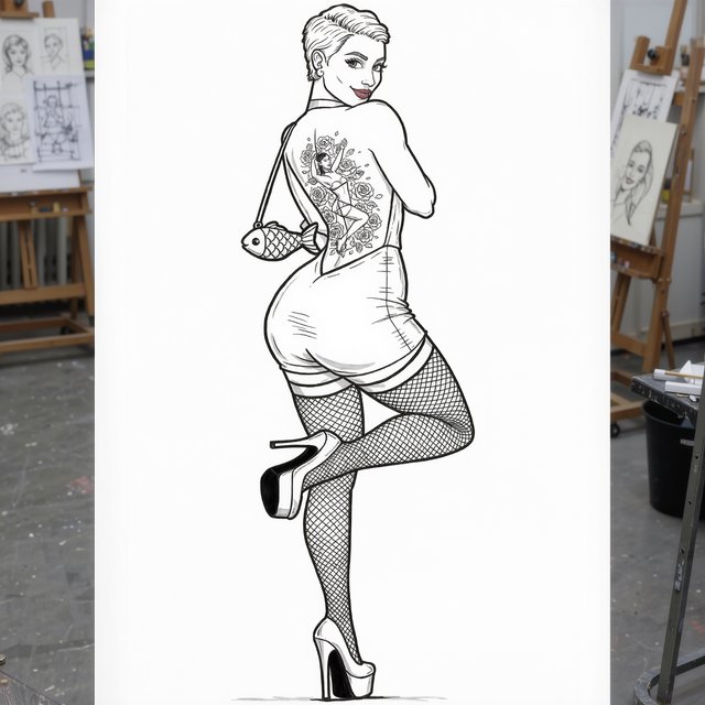 A realistic India ink illustration with crisp black lines depicting a realistic scene, anatomy, and proportions. The ink lines are colored with watercolors, while the black lines remain visible. Full-length composition. A 25-year-old woman named Mandy has a round face and short, trendy hair dyed grayish white. She wears a short, tight halter-top dress with a backless design, fishnet stockings, and high platform heels. She carries a tiny fish-shaped purse over one shoulder. She has smoky eyes and dark brown lipstick. Her entire back is covered with a huge tattoo of a dancing adult woman surrounded by a swirl of roses and rose petals. She poses for a picture in rear view, standing on one foot with the other foot raised and knee bent. She looks at us over one shoulder, making eye contact with the camera and smiling. — Kling v3 Omni