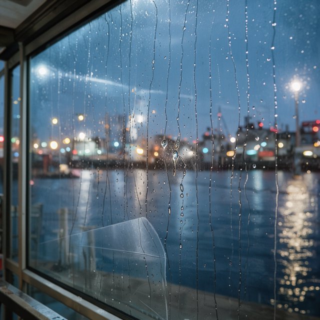 Raindrops crawl down a bus shelter pane, warping blurred harbor lights beyond. A handheld evening street snapshot in cool sodium glow, shot at 50mm with shallow depth of field, catches tiny water trails and a faint wipe mark. — FLUX 3 Image Klein