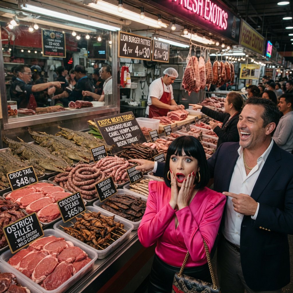 Glamorous adult couple browsing an exotic meat market. The woman has a look of pure surprise at what is on sale. The man just laughs at her reaction! The market is busy and well lit. — Grok Imagine Image Quality