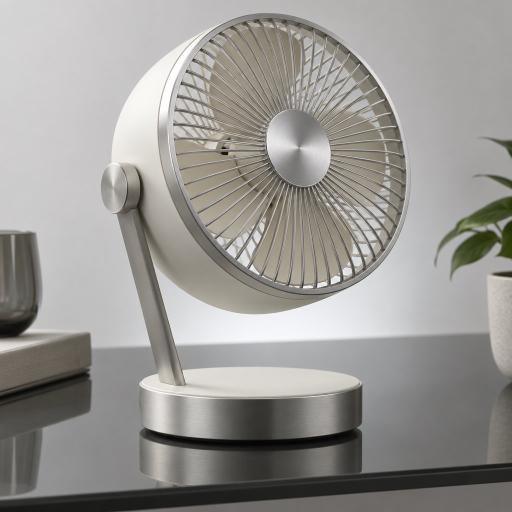 Commercial product photograph of an unbranded desktop fan made from brushed aluminum and matte ivory polymer, resting on a smoked glass surface against a pale gray background, illuminated by broad diffused studio light and a soft rear rim light. — GPT Image 2.5 Sunburst