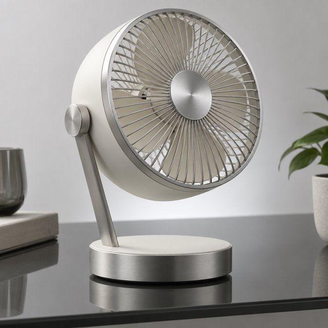 Commercial product photograph of an unbranded desktop fan made from brushed aluminum and matte ivory polymer, resting on a smoked glass surface against a pale gray background, illuminated by broad diffused studio light and a soft rear rim light. — GPT Image 2.5 Sunburst