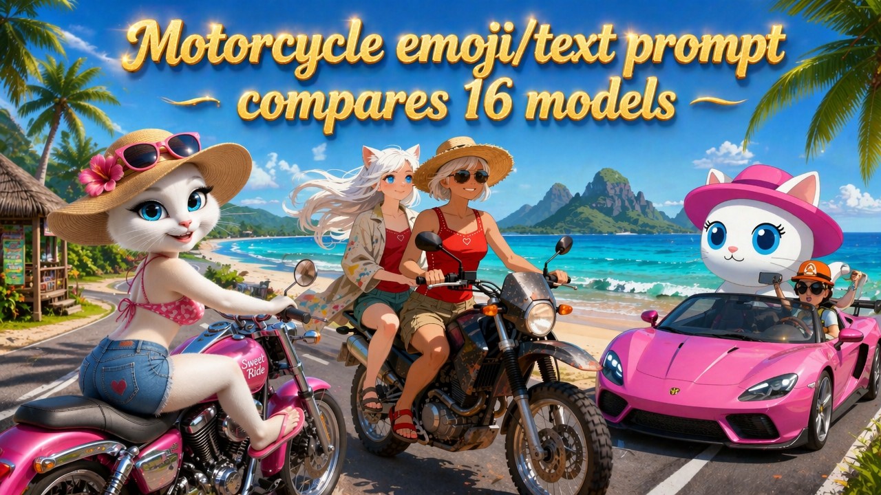 Motorcycle emoji/text prompt compares 16 models
