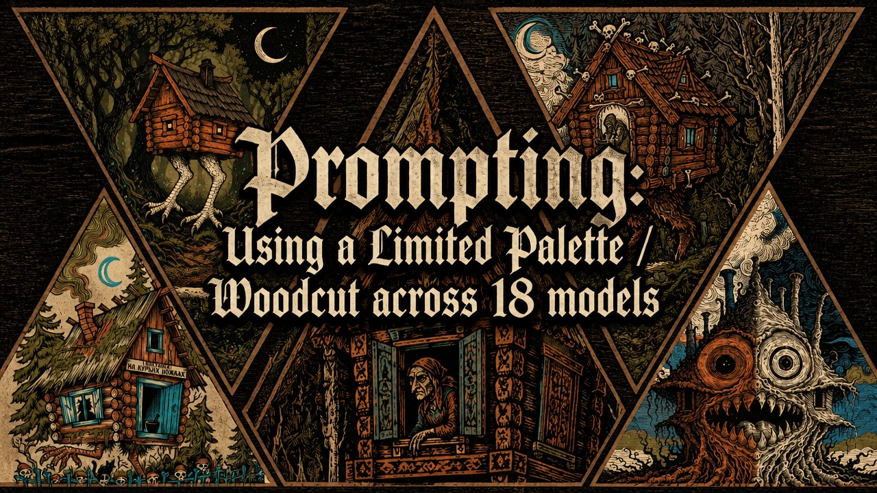 Prompting: Using a Limited Palette / Woodcut across 18 models