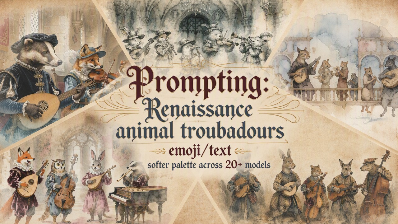 Prompting: Renaissance animal troubadours emoji/text softer palette across 20+ models