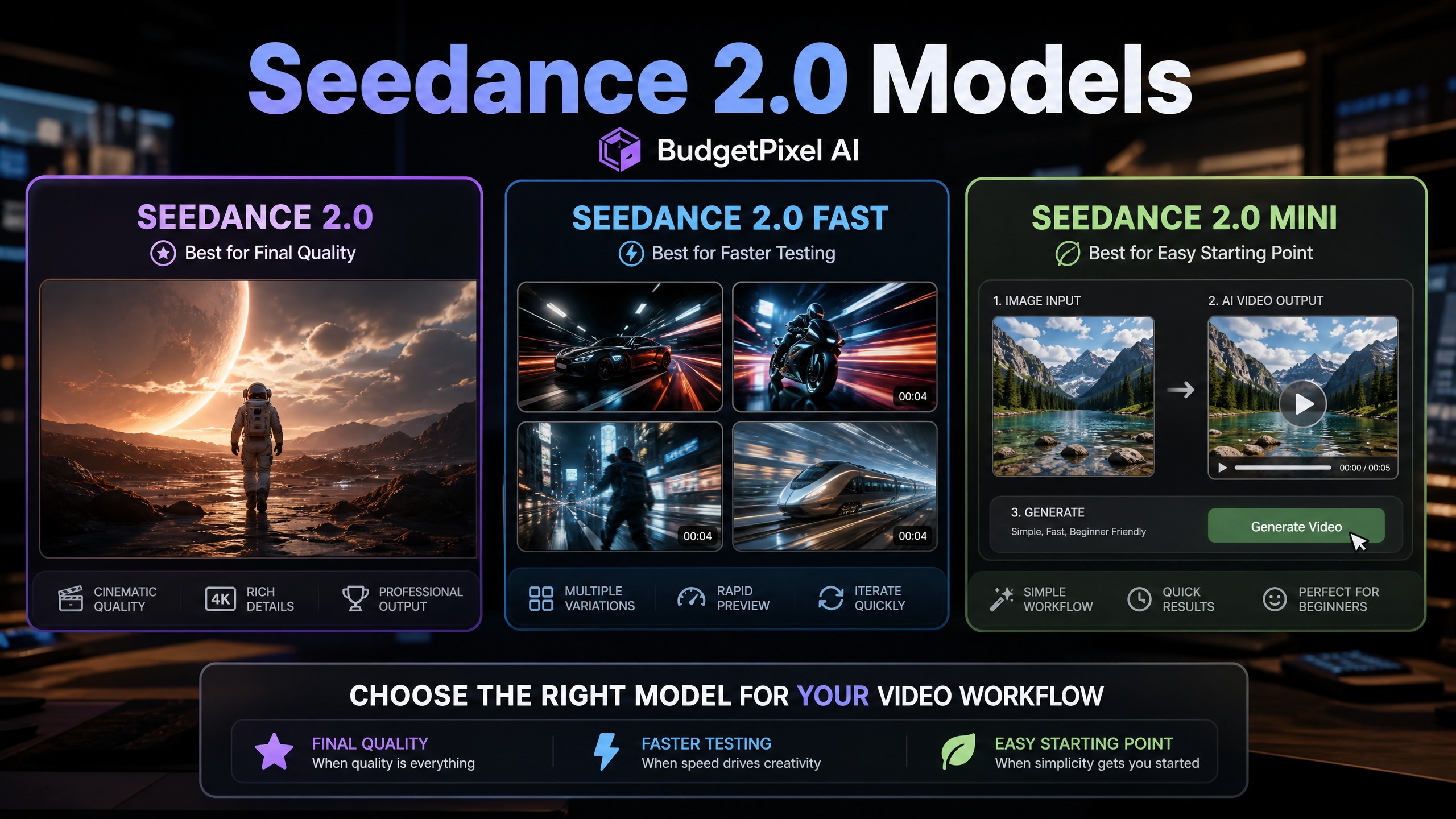 Seedance 2.0, Seedance 2.0 Fast, and Seedance 2.0 Mini on BudgetPixel AI: Which One Should You Use?
