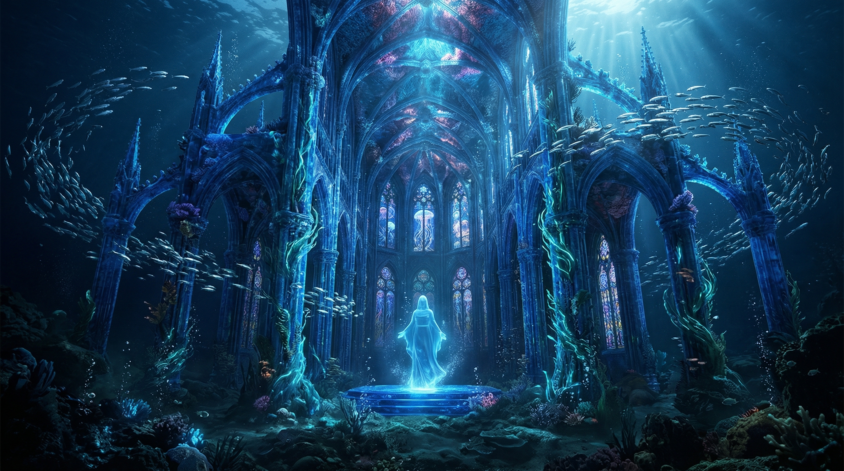 Underwater fantasy cathedral with glowing translucent figure at an altar, surrounded by coral arches.