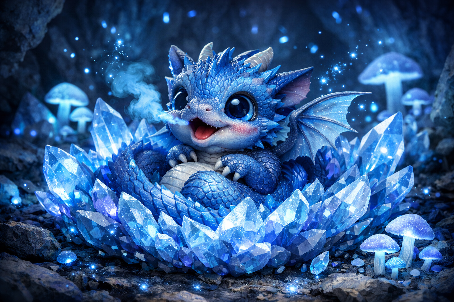 Baby Blue Dragon Hatchling in a Crystal Nest