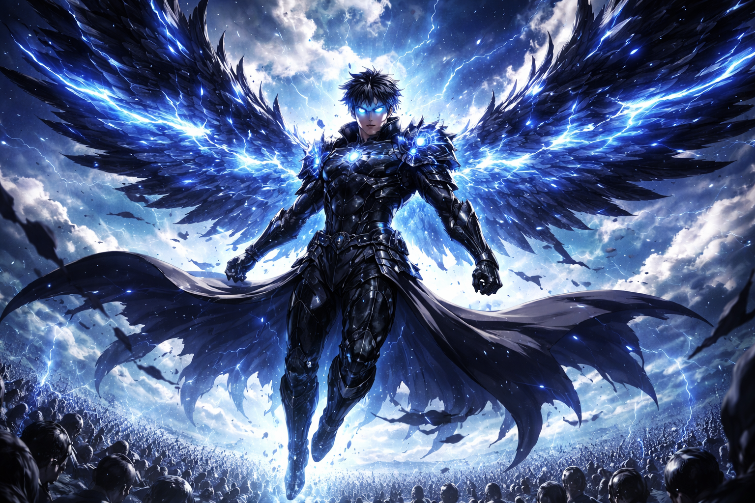 Dark armored winged warrior with blue energy wings levitates above a cheering crowd in a stormy sky.