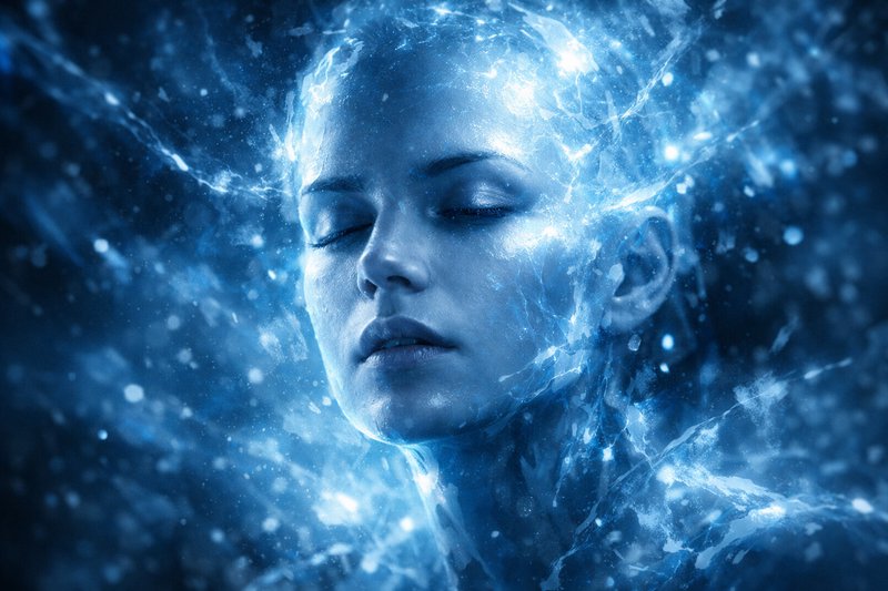 Close-up of a woman's face surrounded by icy blue light and frost textures.