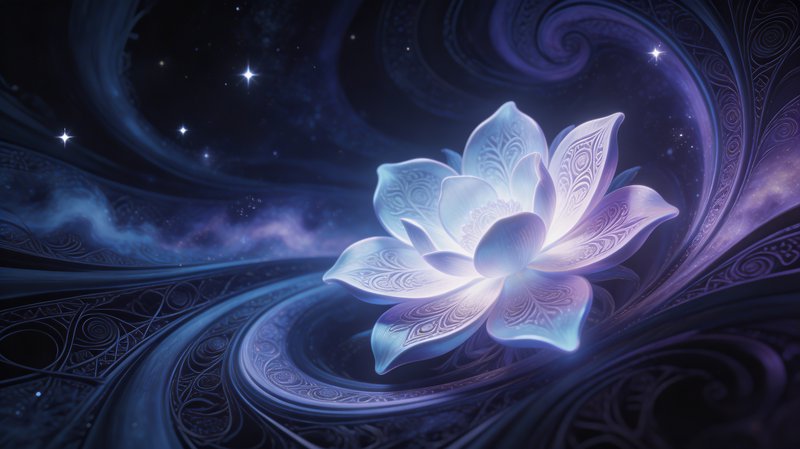 Glowing blue lotus flower with intricate patterns in a cosmic night scene.