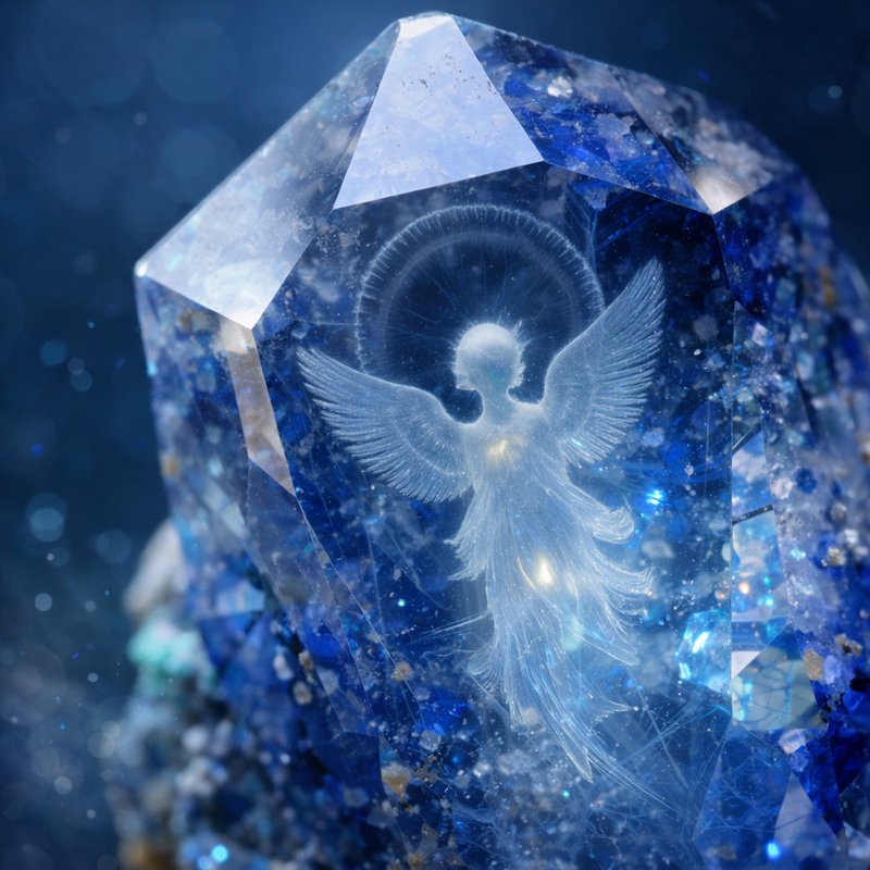 Blue crystal with an etched ethereal angel silhouette inside, shimmering facets.