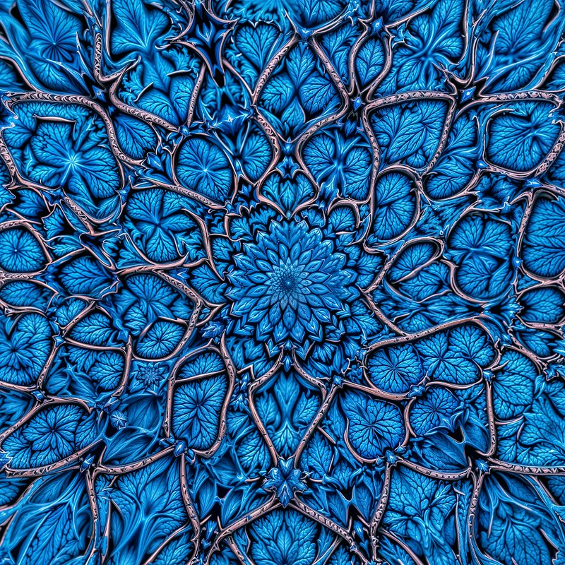 Intricate blue mandala fractal pattern with interlaced petal shapes and radial symmetry.