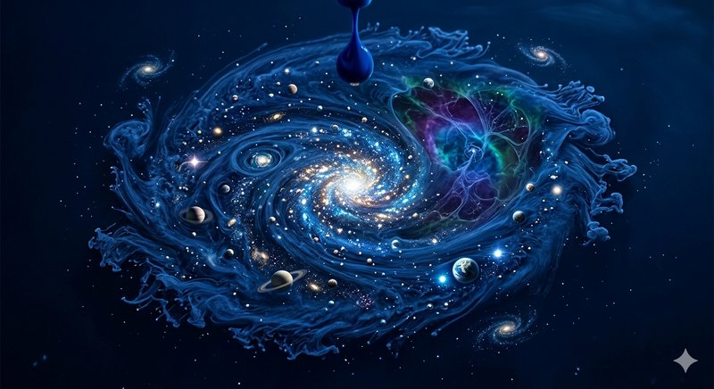 Swirling blue galaxy artwork with planets and cosmic dust, vivid space-inspired painting