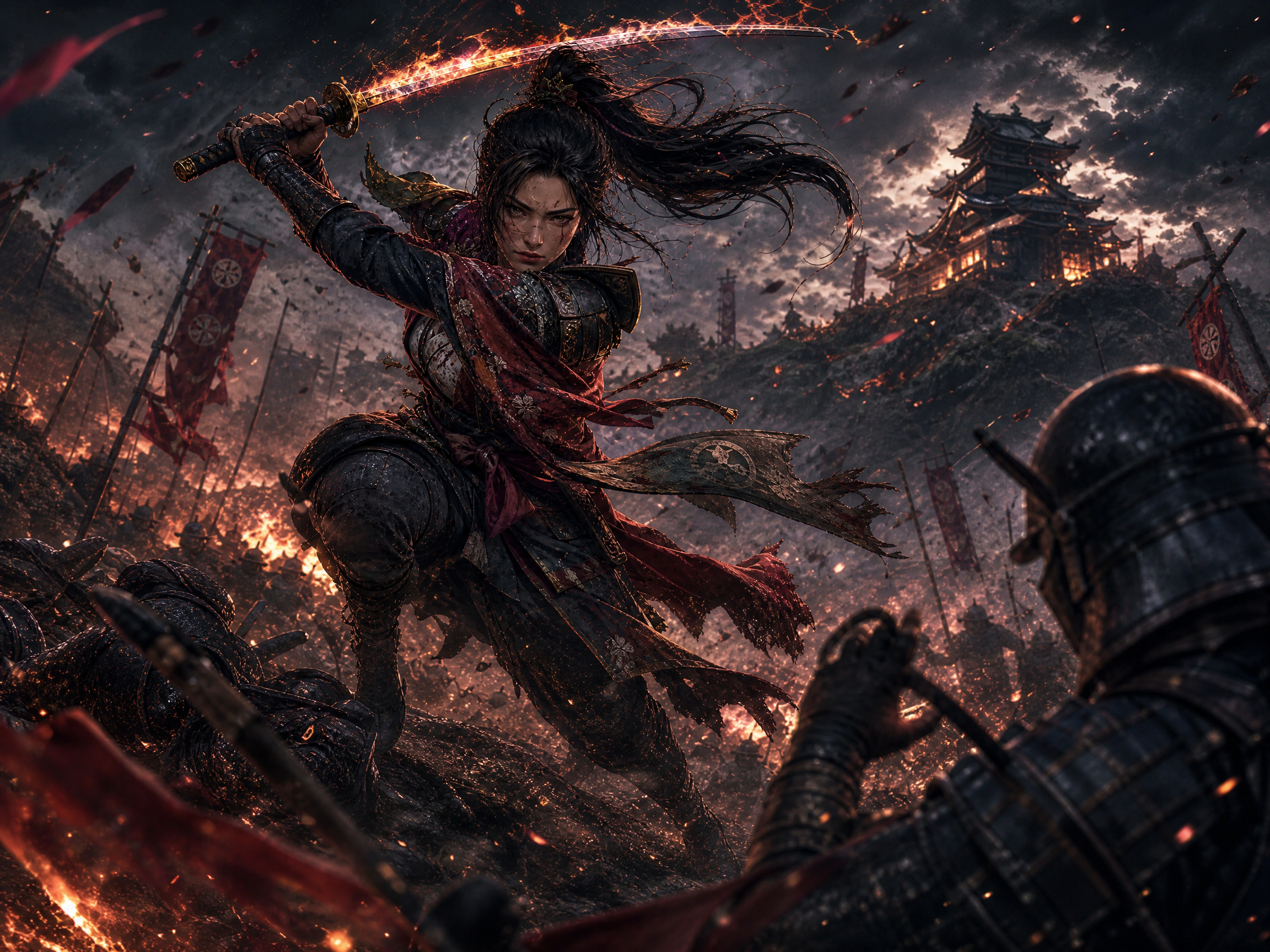 Female warrior in combat wielding a flaming sword amid a fiery siege and dark battlefield.