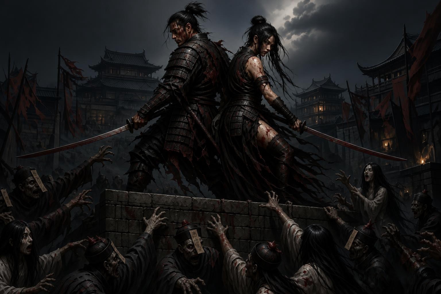 Two armored warriors duel atop a wall as undead reach upward in a dark fortress.
