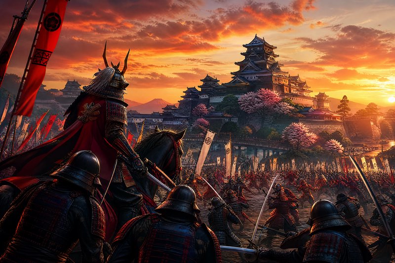 Samurais clash in a fiery sunset battlefield before a towering Japanese castle.