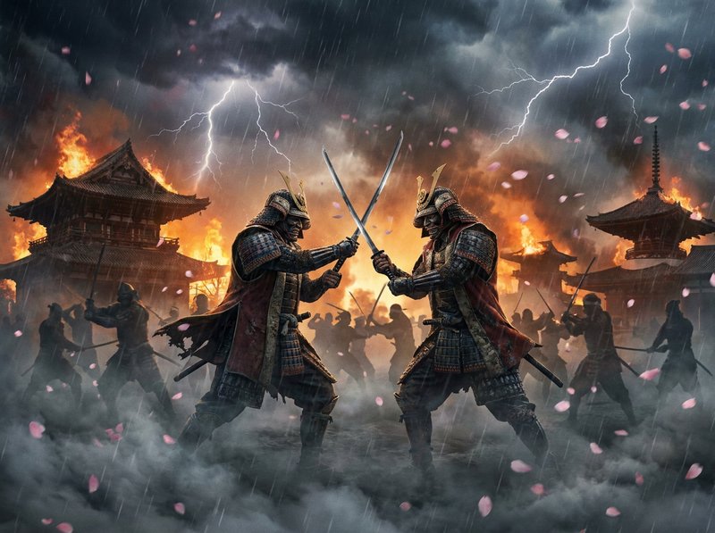 Two armored samurai duel with swords amid fiery battlefield and stormy skies.