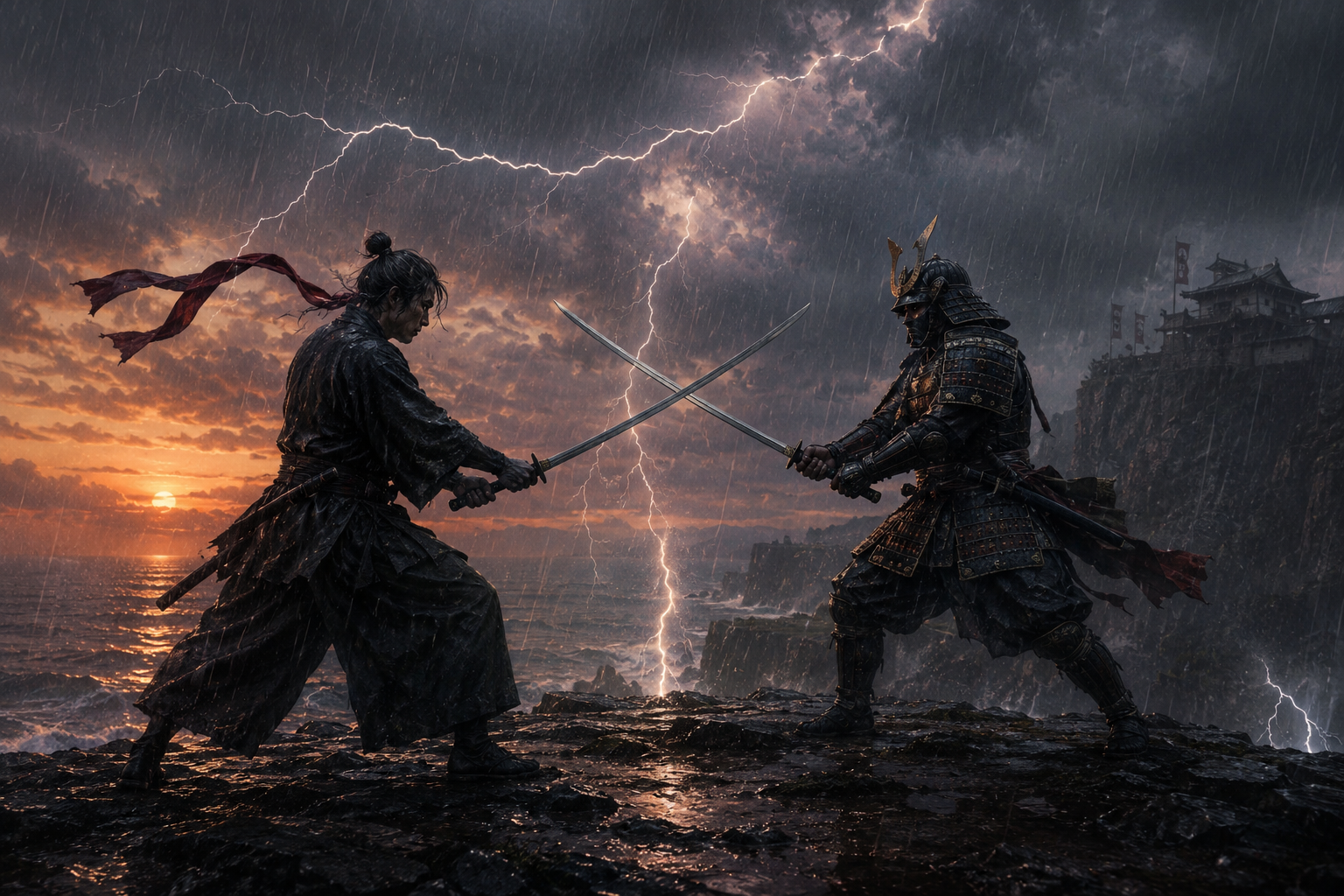 Two armored samurai duel on a rain-soaked cliff as lightning splits the stormy sky.