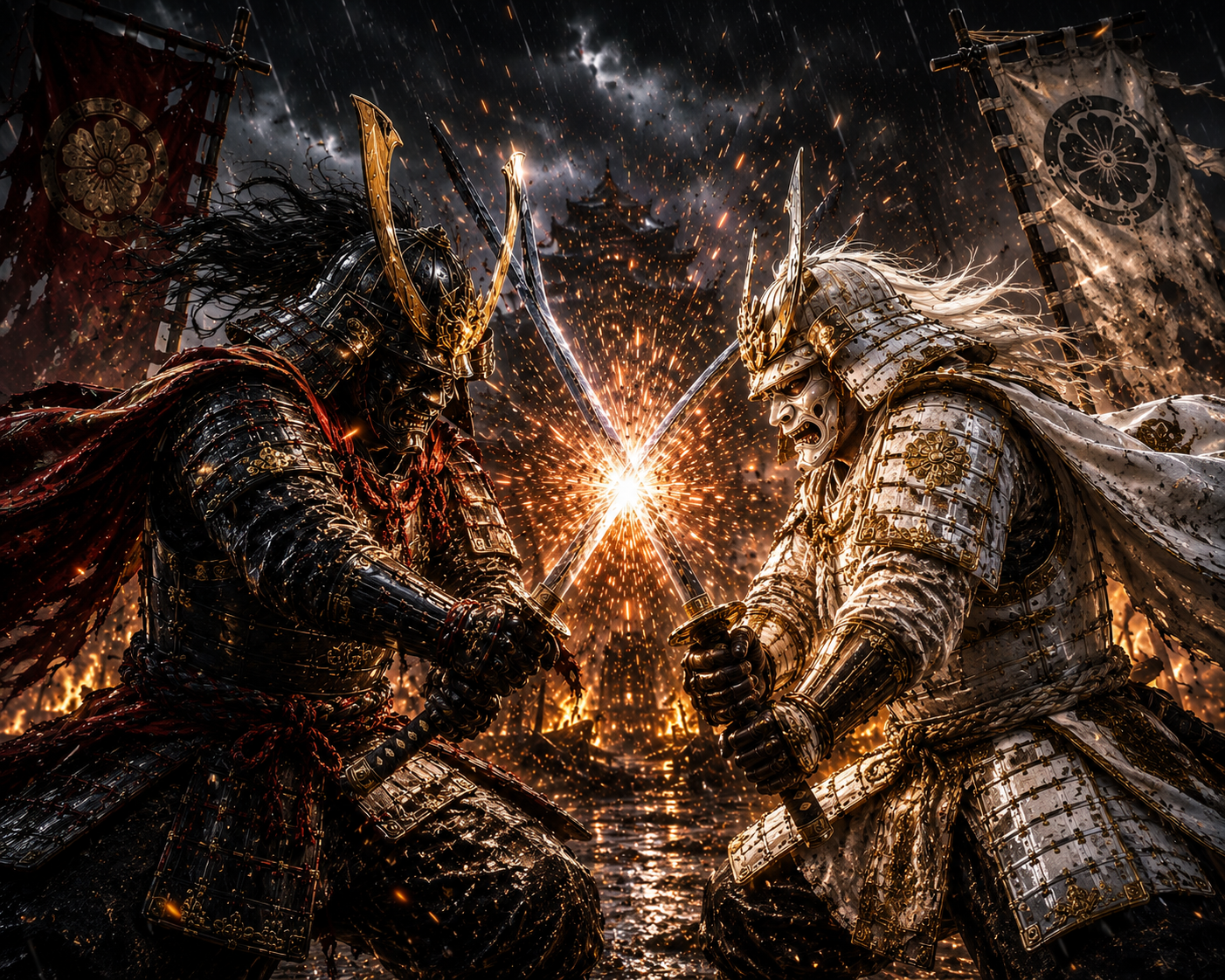 Two armored samurai clash swords in a fiery, spark-filled battlefield.