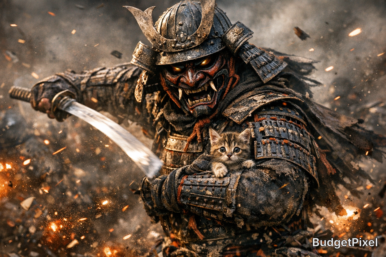 Armored samurai warrior swinging a sword with a small kitten peeking from his armor