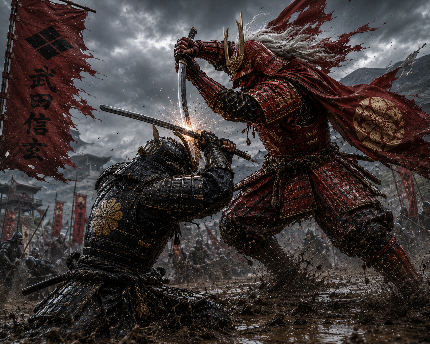 Two armored samurai clash in a muddy battlefield under a stormy sky, red vs black armor and banners flying.