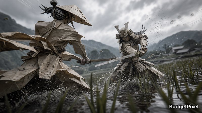 Origami-style samurai warriors clash in a misty watery field, made from paper-look textures.