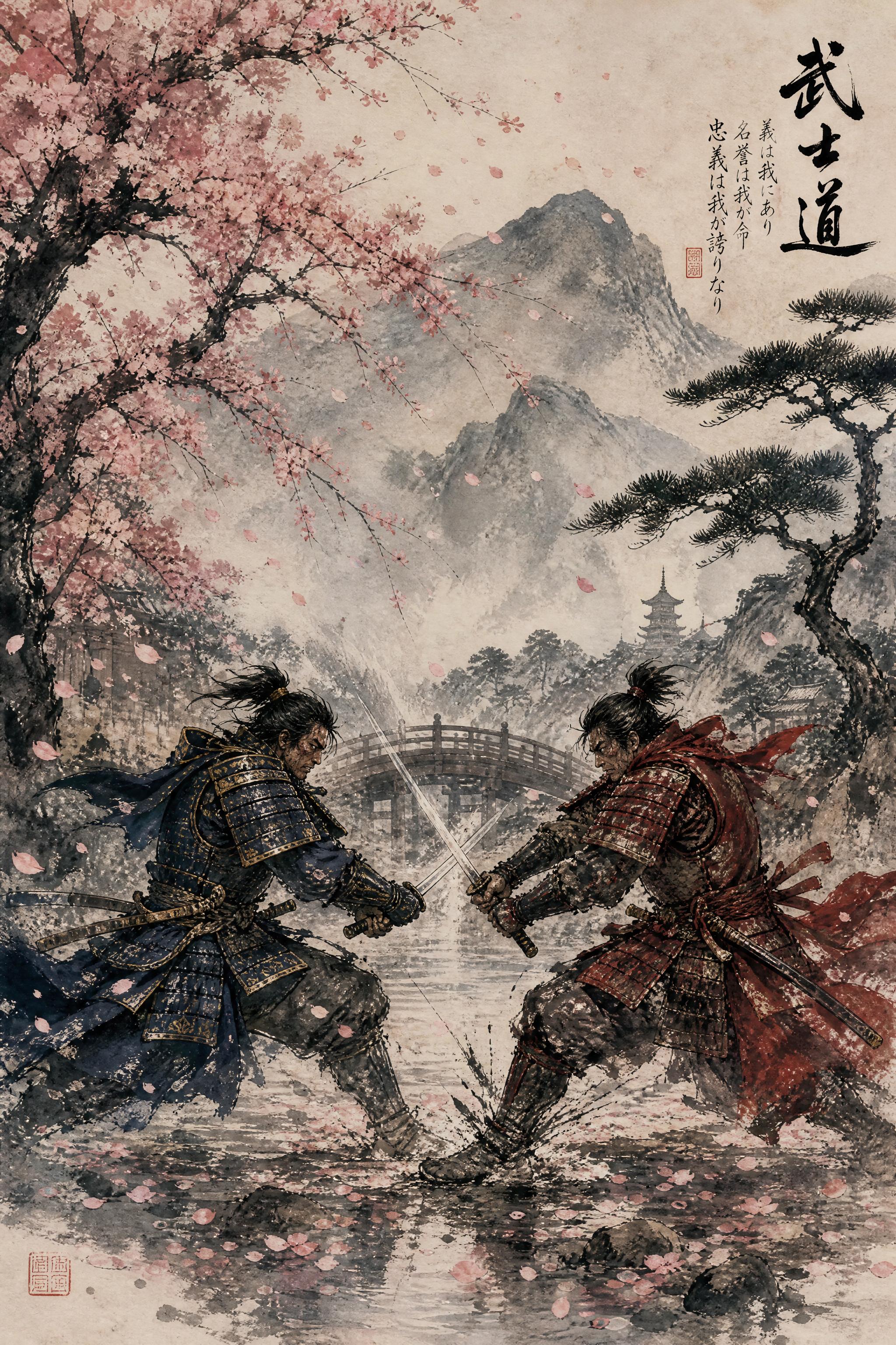 Two armored samurai duel with swords amidst cherry blossoms and misty mountains in a traditional landscape.