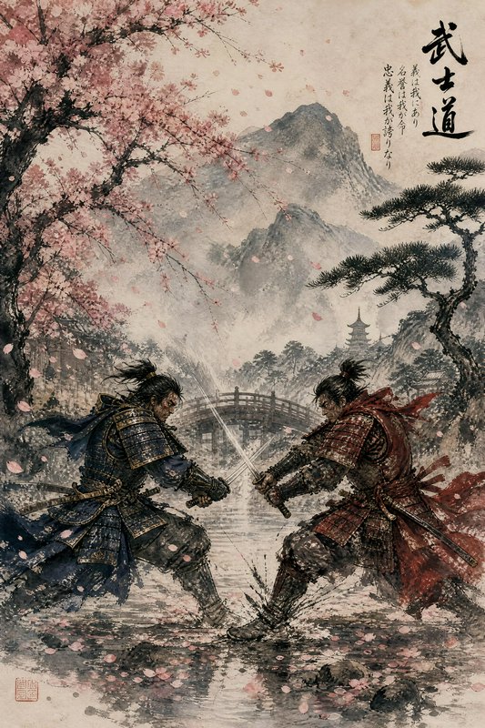 Two armored samurai duel with swords amidst cherry blossoms and misty mountains in a traditional landscape.