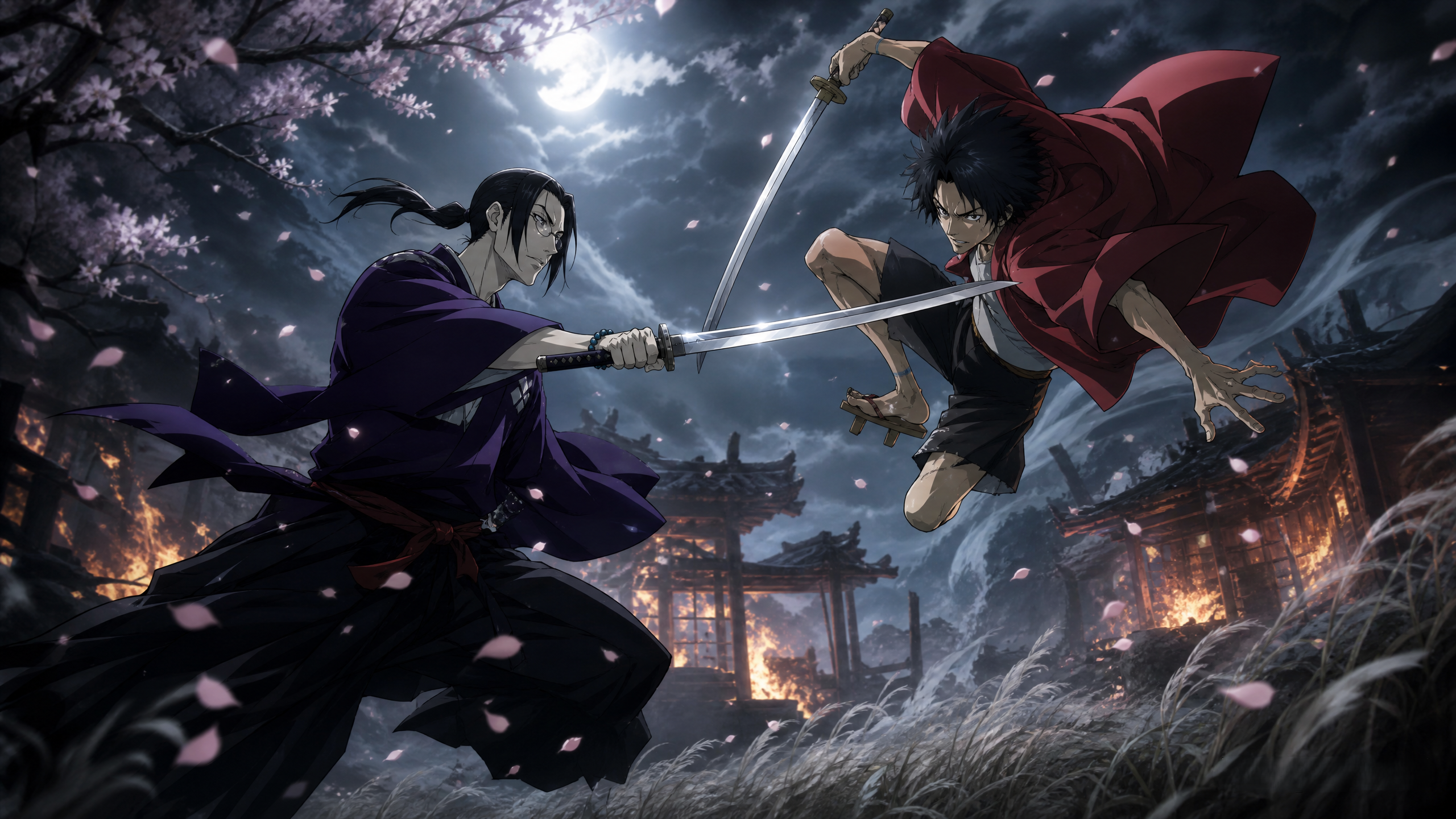 Two samurai clash swords under moonlight with cherry blossoms in a dramatic night duel.