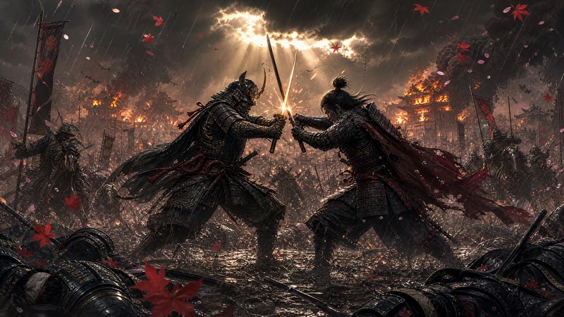Two armored knights duel with swords in a fiery, rain-soaked medieval battlefield.