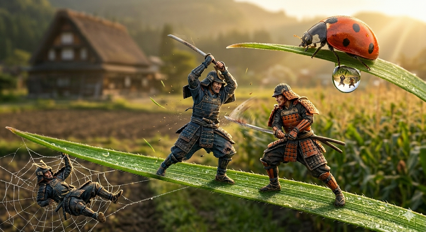 Three armored warriors clash on a giant leaf as a ladybug watches with a dew drop