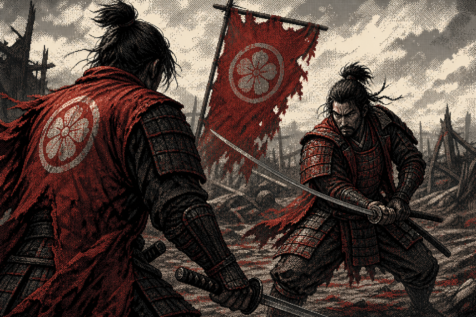 Two samurai in red armor duel with swords on a war-torn battlefield with fluttering red banners.